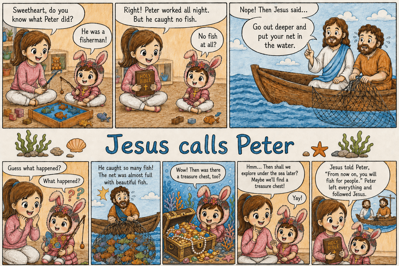ALOHA 워크시트 예시 — Jesus calls Peter 이야기 활동지